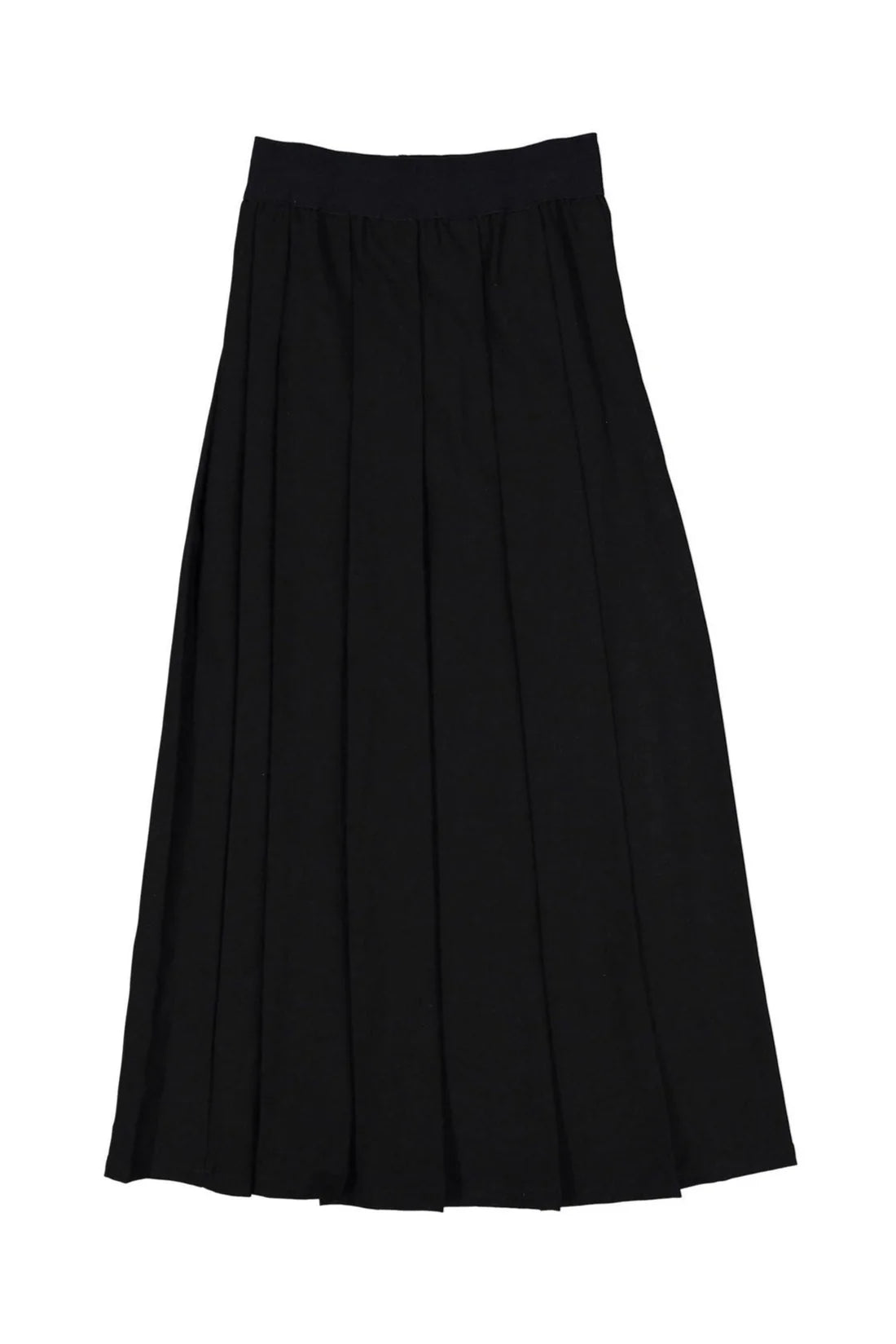 ELW214A Elements Black Taffeta Pleated Midi Skirt With Ribbed Waistband And Satin Logo In Back