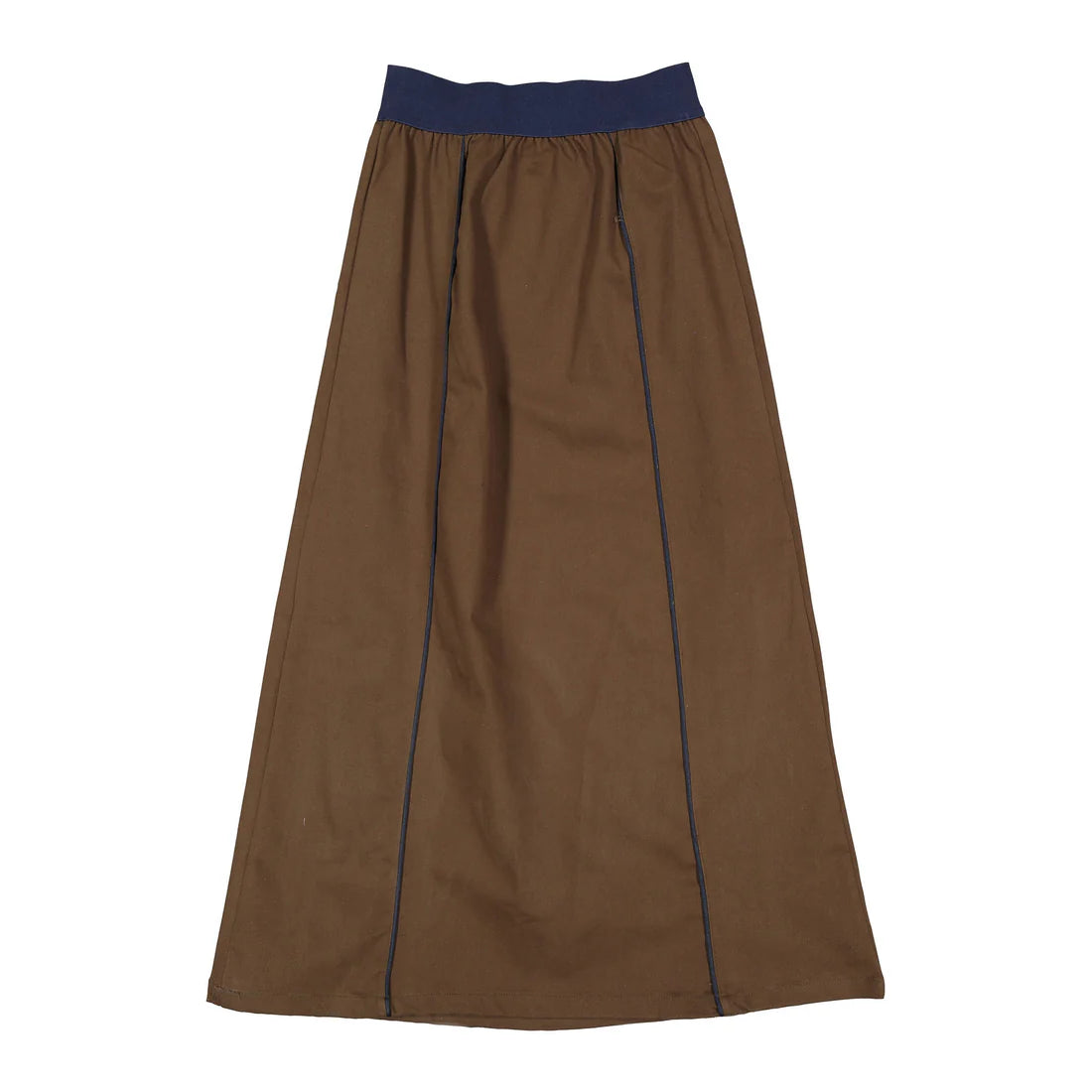 ELW129 Elements Brown Maxi Skirt With Navy Waistband And Navy Trims