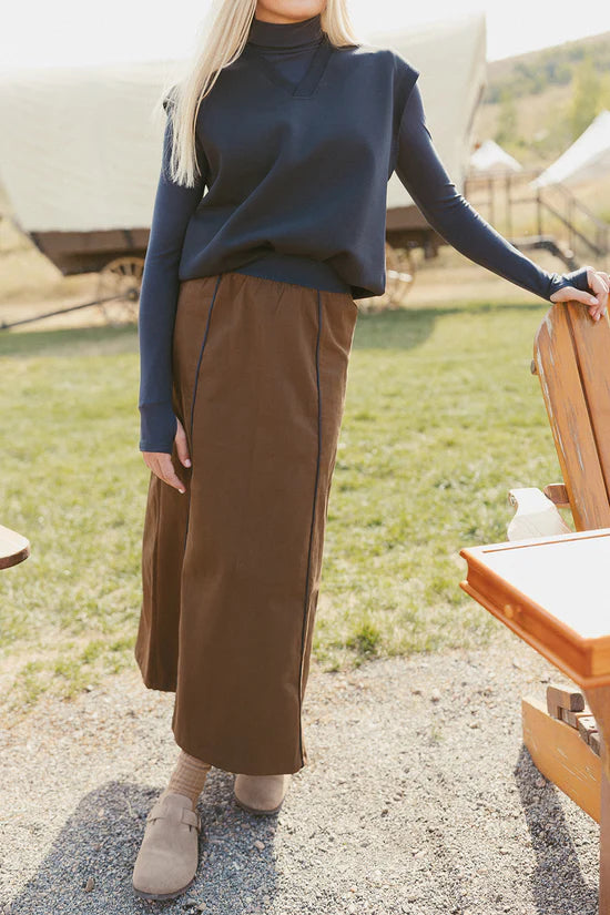 ELW129 Elements Brown Maxi Skirt With Navy Waistband And Navy Trims