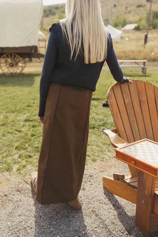 ELW129 Elements Brown Maxi Skirt With Navy Waistband And Navy Trims