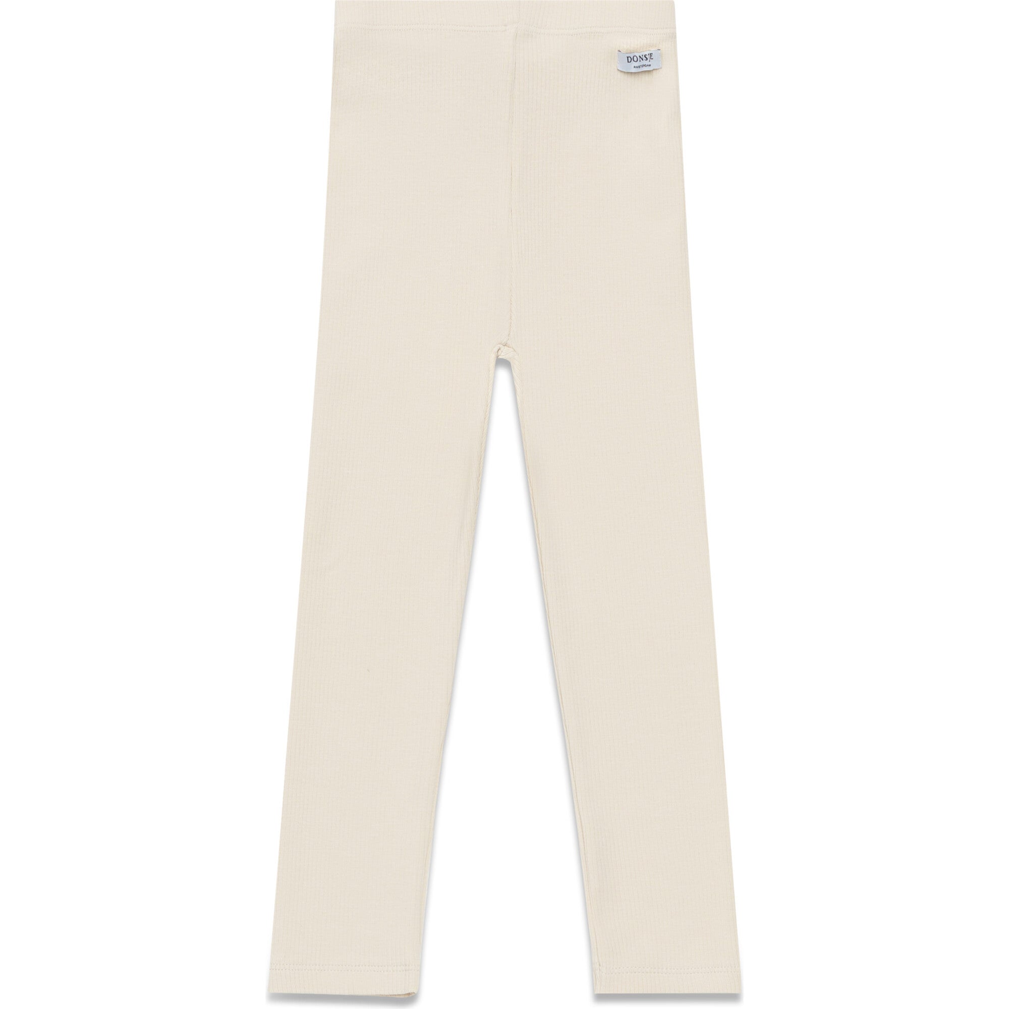 Beige leggings with a brand label on a white background