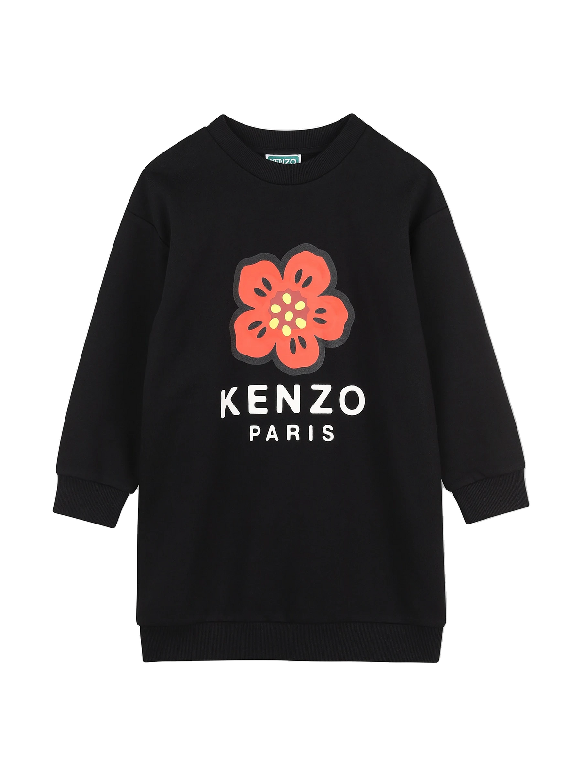 Kenzo Kids black French terry sweatshirt dress with red Boke Flower and Kenzo Paris logo, front view