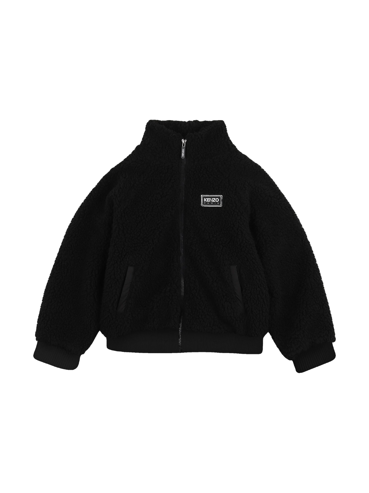 Kenzo Kids black faux shearling zip jacket with logo patch, front view