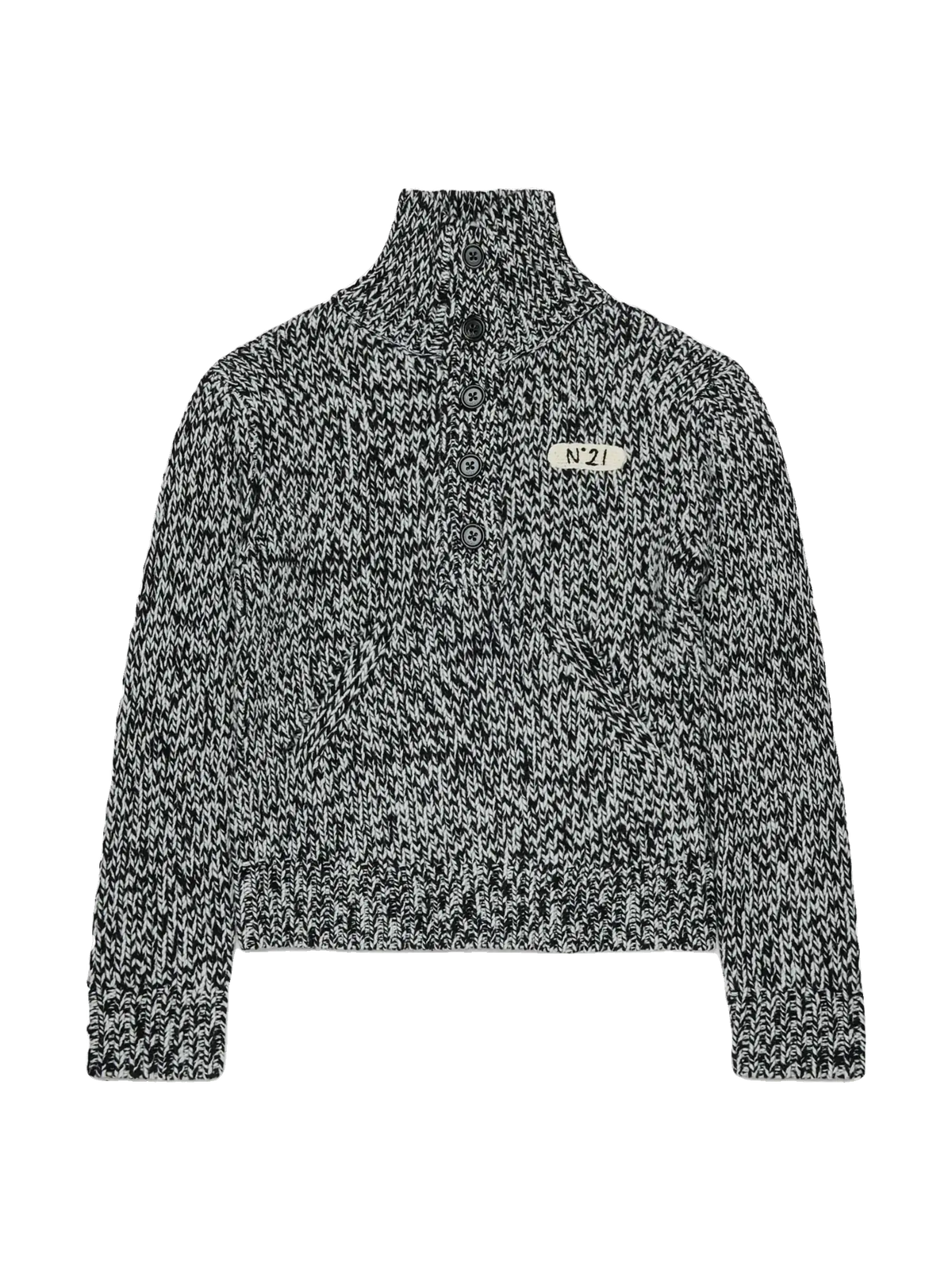 N. 21 kids Half Buttoned Funnel Neck Speckled Sweater - Black