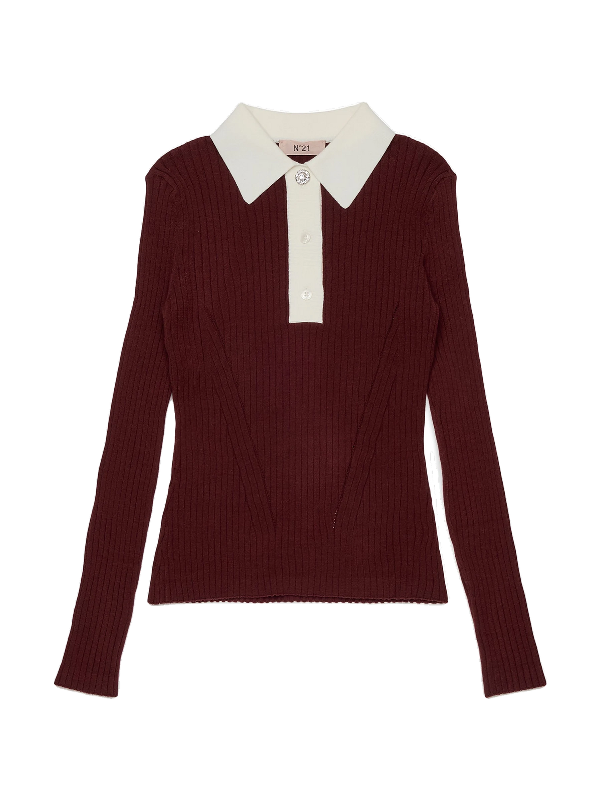N. 21 kids Long Sleeve Rib Knit Polo With Contrast Collar - Maroon