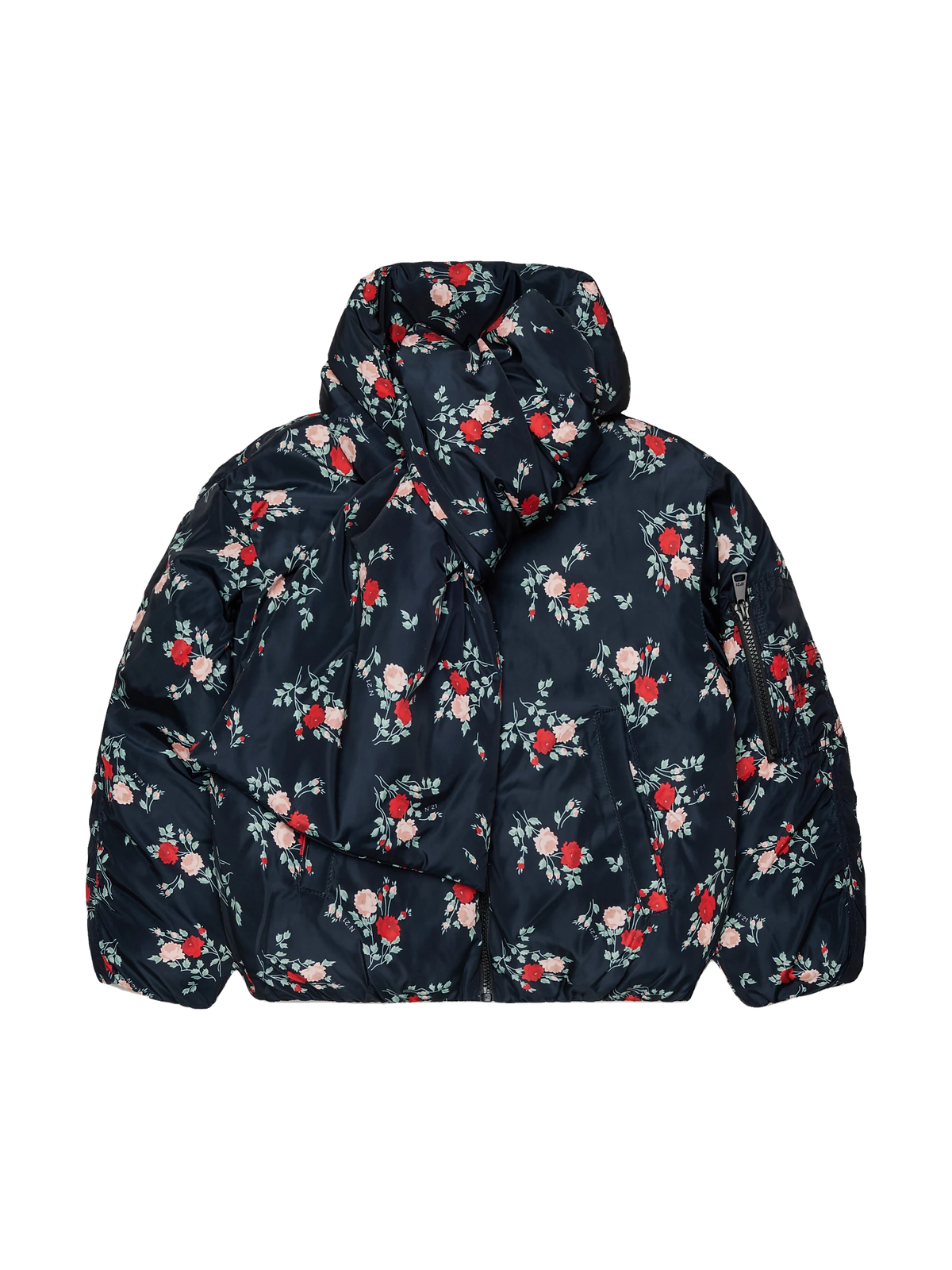 N. 21 kids Short Floral Puffer Jacket with Attached Scarf - Floral Black