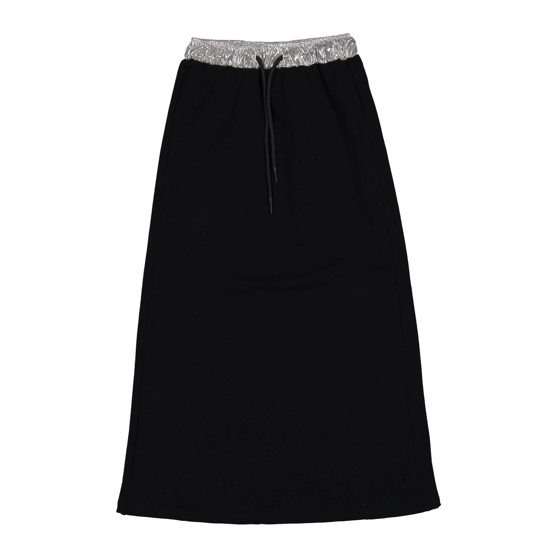 Elw121  black sweatshirt, maxi skirt with silver waistband and drawstring