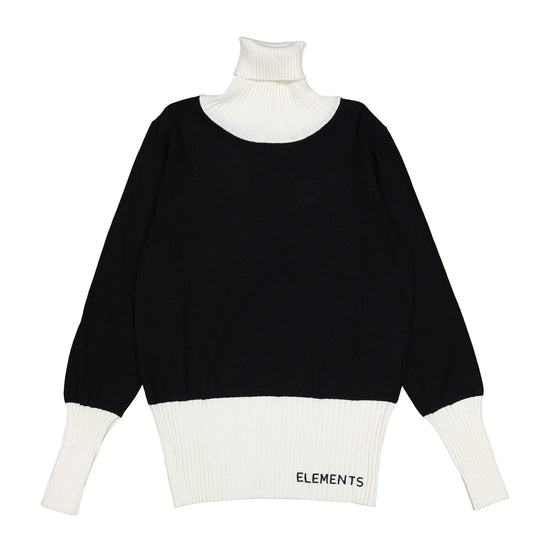Elw110a black knit center with ribbon on turtleneck, bottom of sleeves and band of shirt