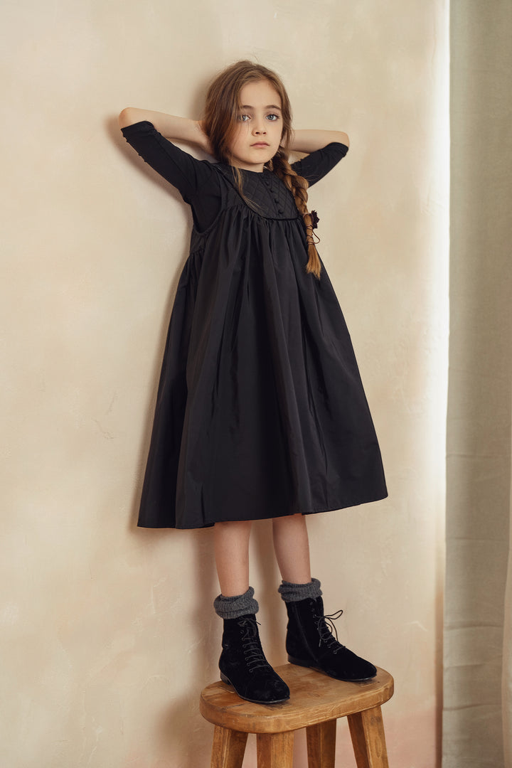 P6204-BK POMPOMME QUILTED YOKE FLARED DRESS BLACK