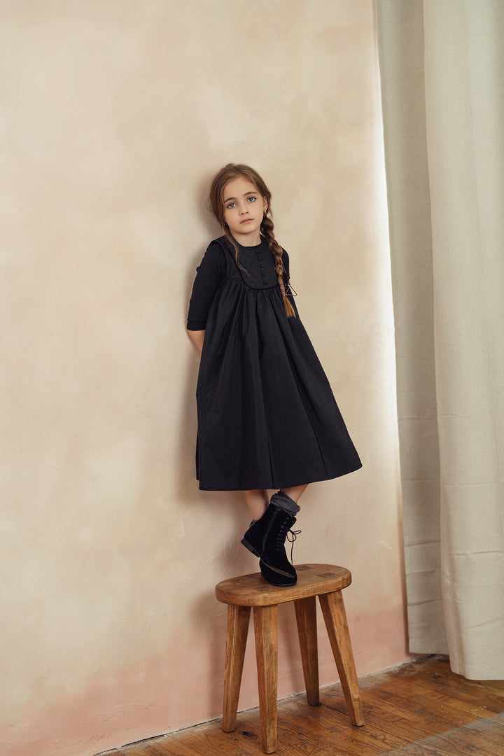 P6204-BK POMPOMME QUILTED YOKE FLARED DRESS BLACK