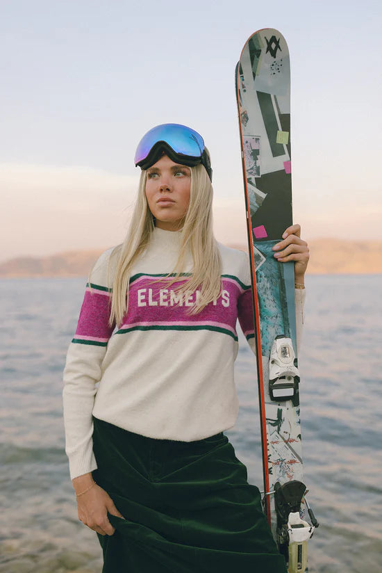 ELW101 Elements Ivory Fuzzy Sweater With Stripes On Chest And "Elements" Branding