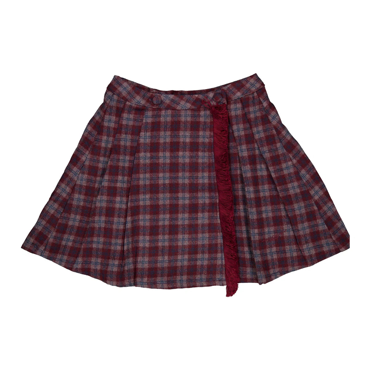 Wine Plaid Wool Fringe Skirt