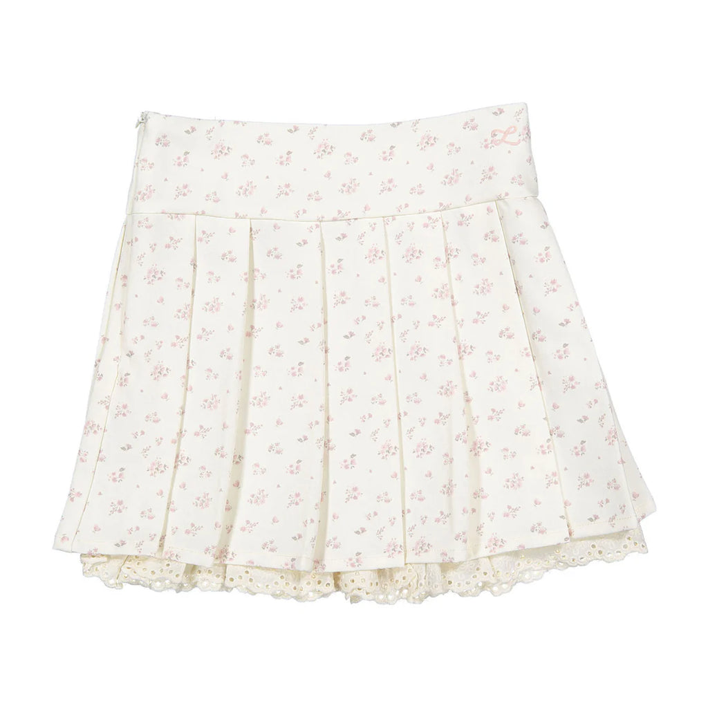 LBL13 Ladida White pleated skirt with flower print and lace trim