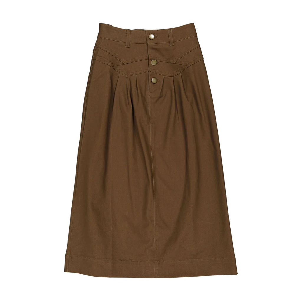 AT25123 Clubhouse Olive Denim Maxi Length Skirt With Stitching All Over