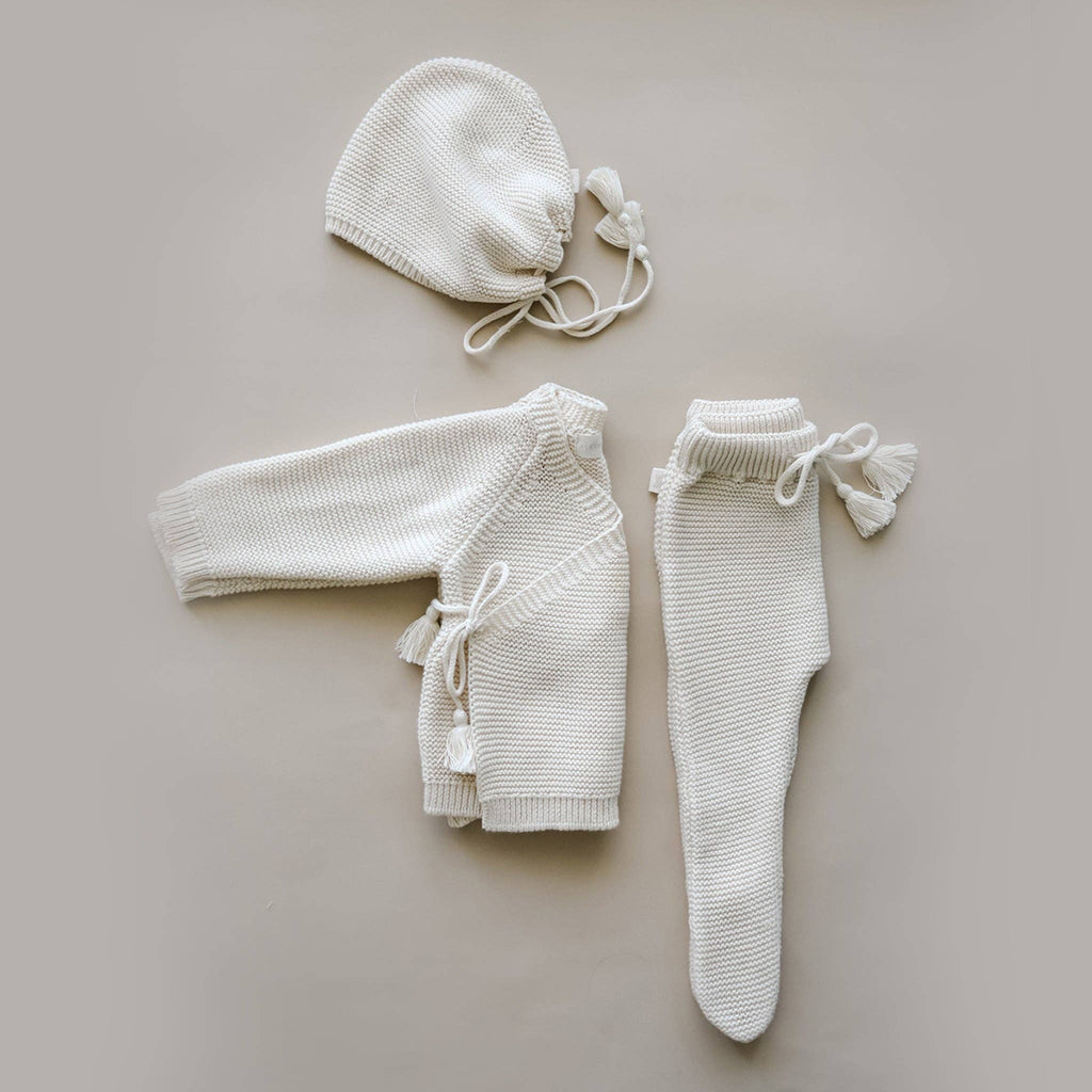 Knit Set Bonnet & Pant & Top Natural