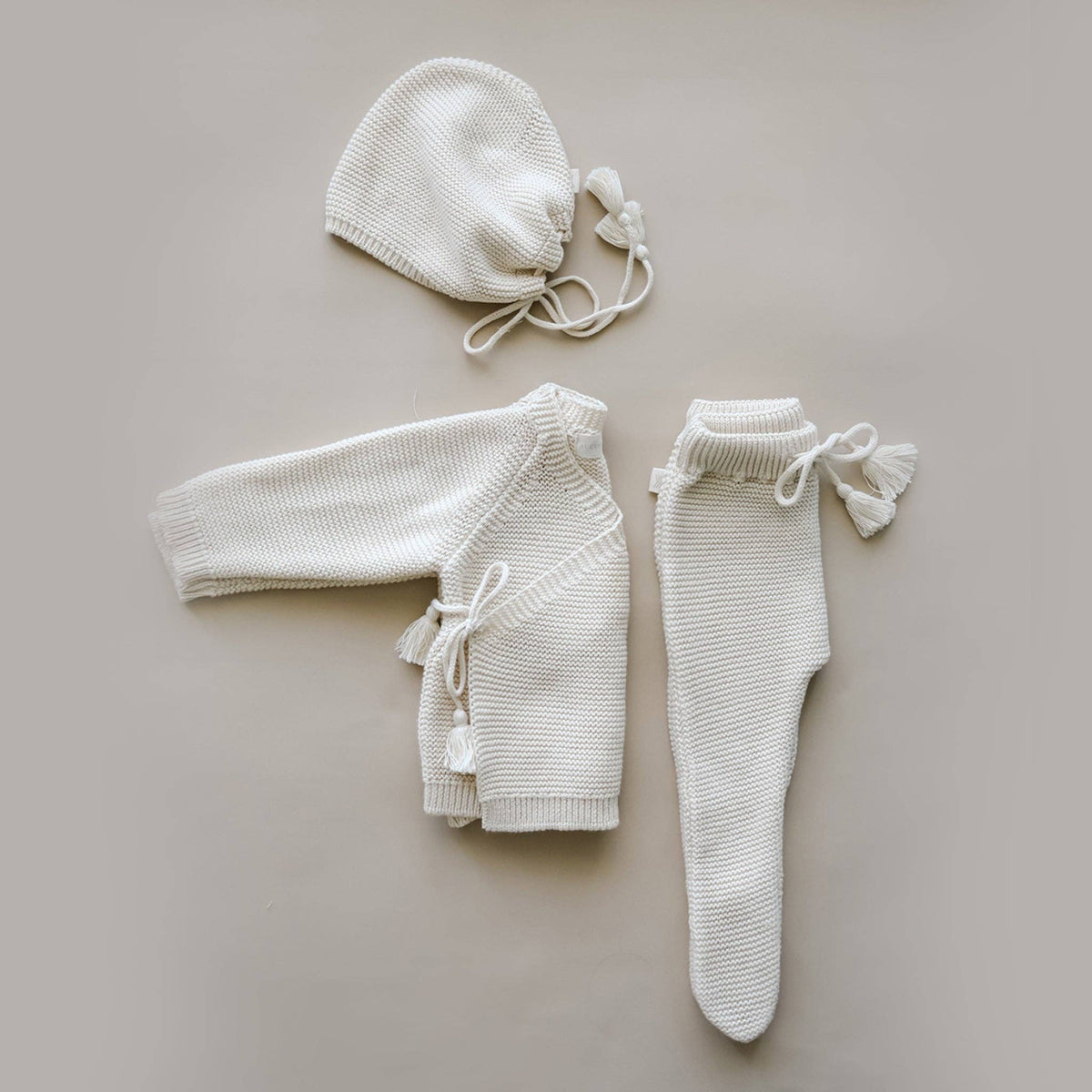 Knit Set Bonnet & Pant & Top Natural