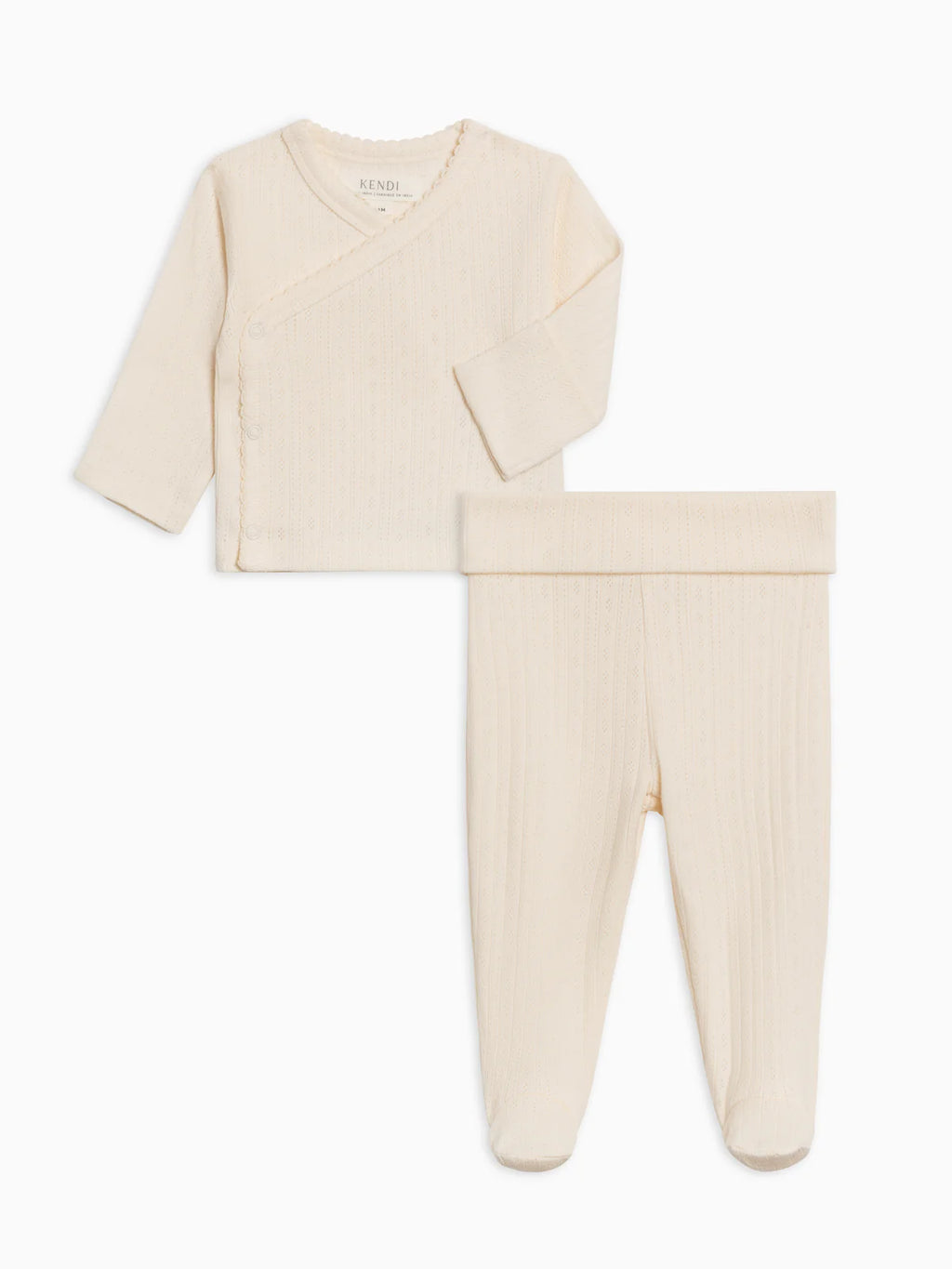 Conjunto de 2 piezas de kimono y pantalón de pointelle con espalda cepillada y encaje orgánico para bebé