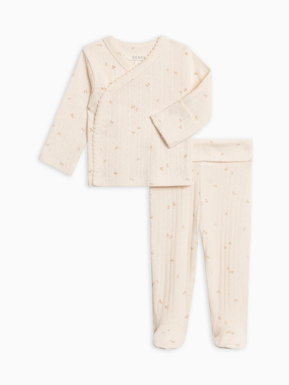 Conjunto de 2 piezas de kimono y pantalón de pointelle con espalda cepillada y encaje orgánico para bebé