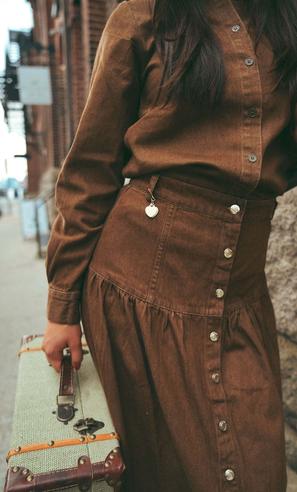 Denim Dropwaist Skirt - Brown
