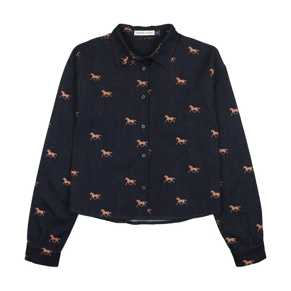 UE1801 Urban Edge Denim Horse Print Shirt