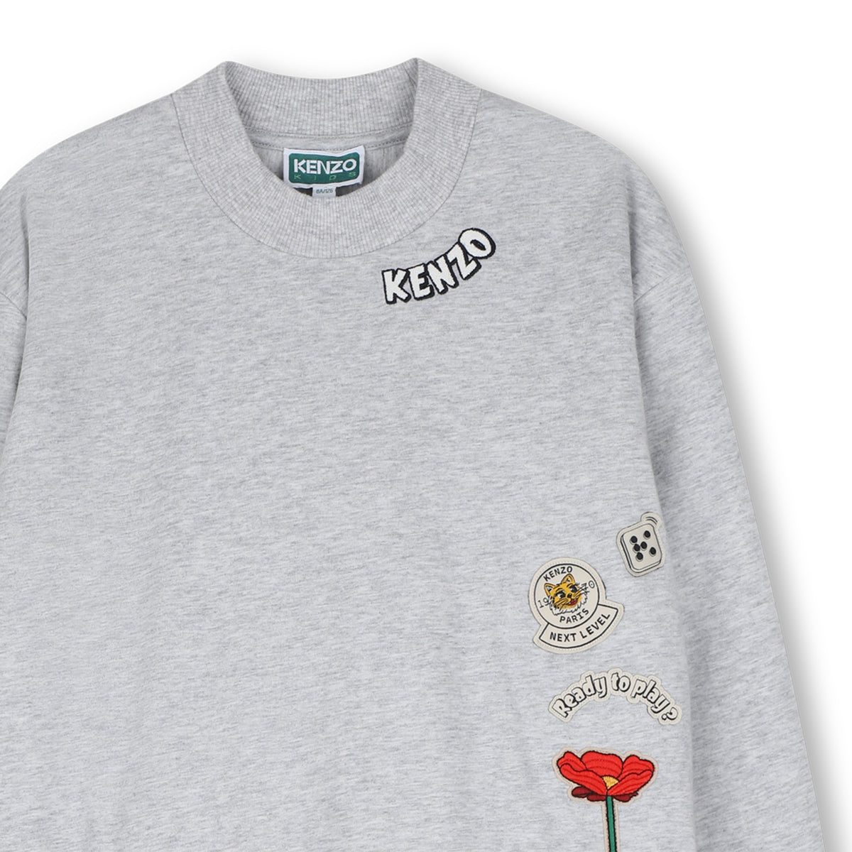 Kenzo Kids chine grey sweatshirt dress, embroidered badge close-up
