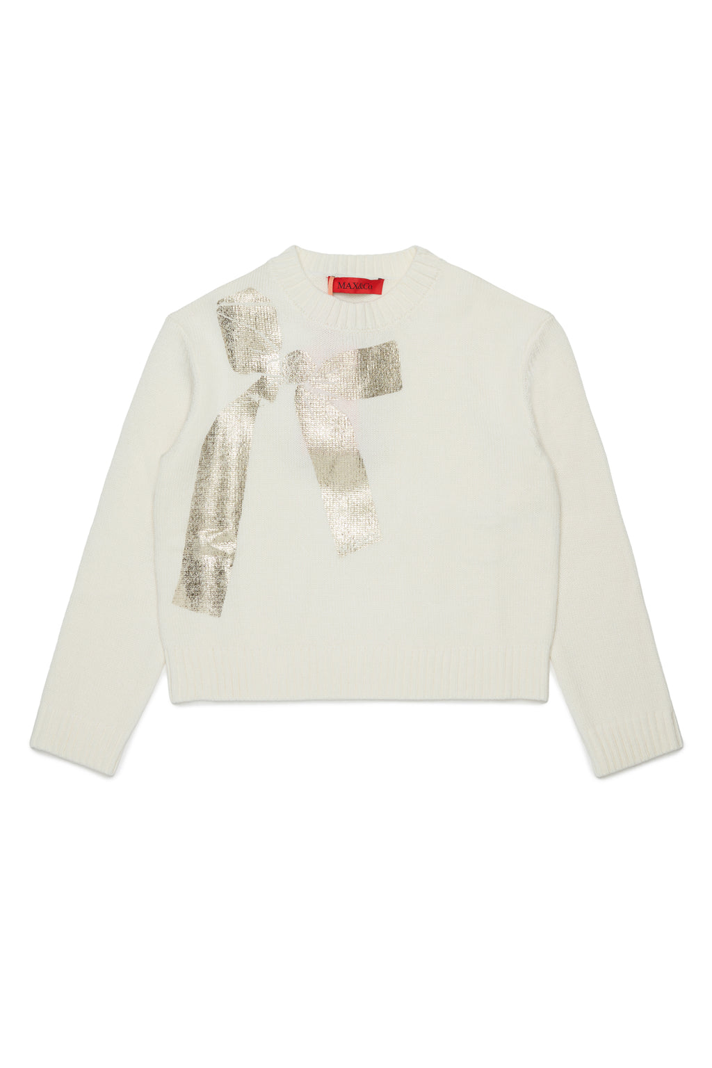 KNIT SWEATER WITH METALLIC BOW PRINT