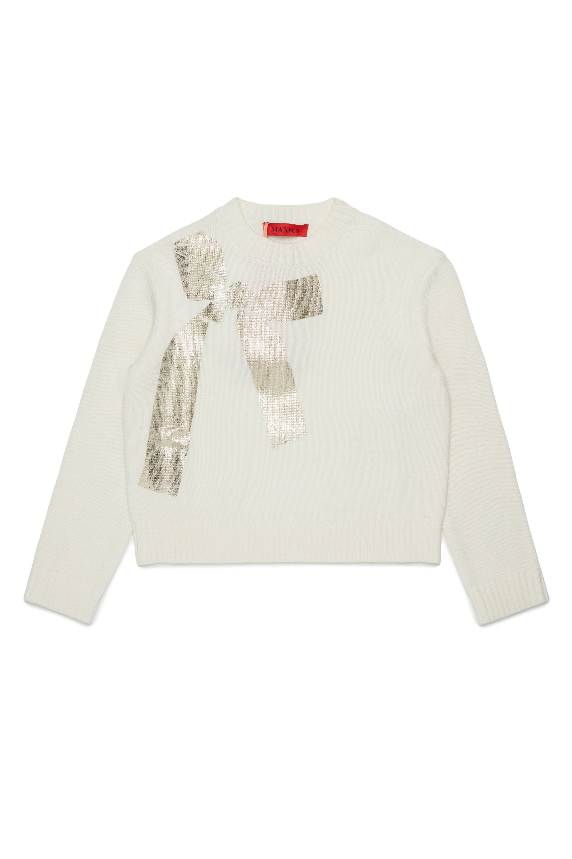 KNIT SWEATER WITH METALLIC BOW PRINT