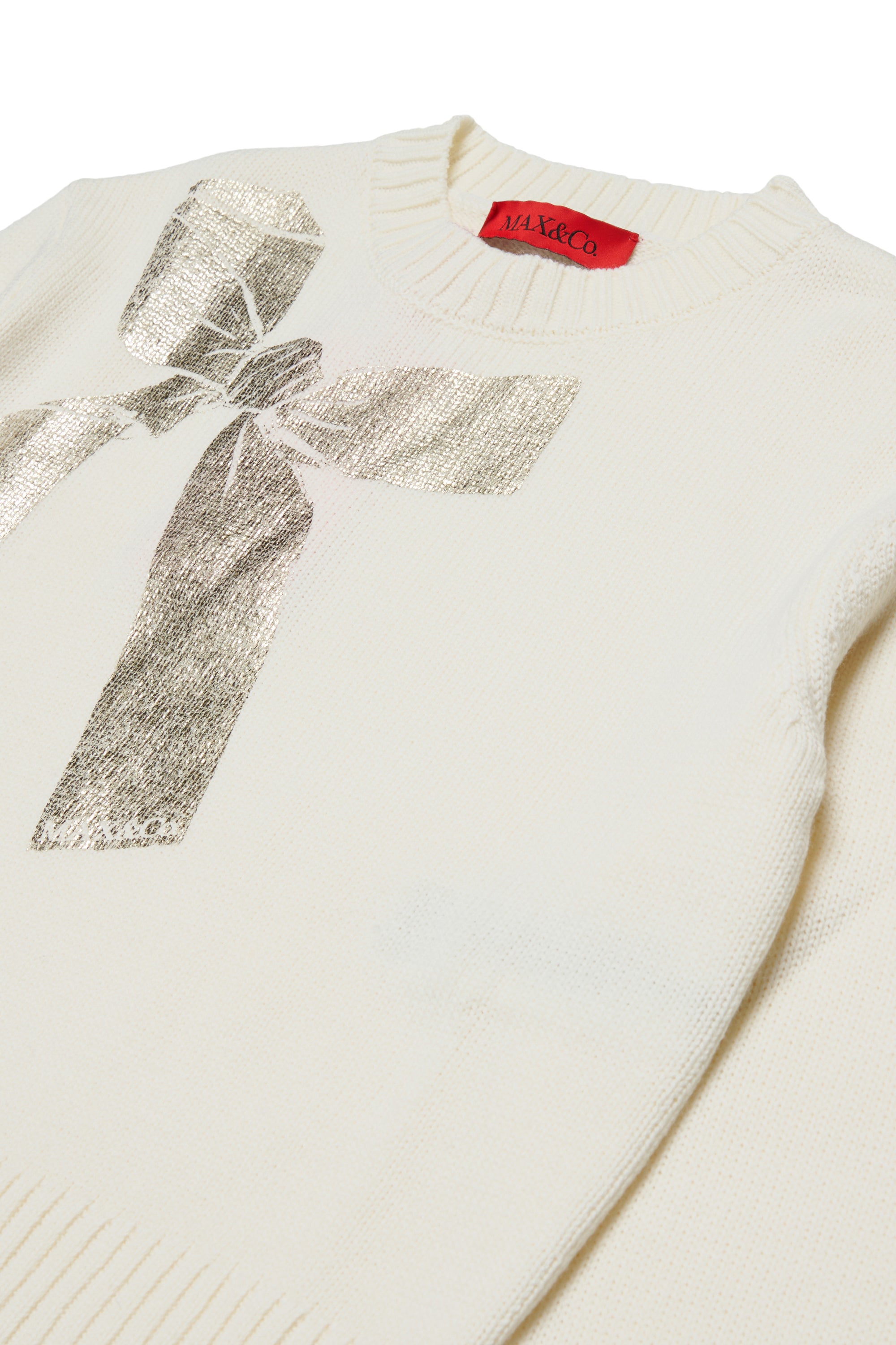 KNIT SWEATER WITH METALLIC BOW PRINT