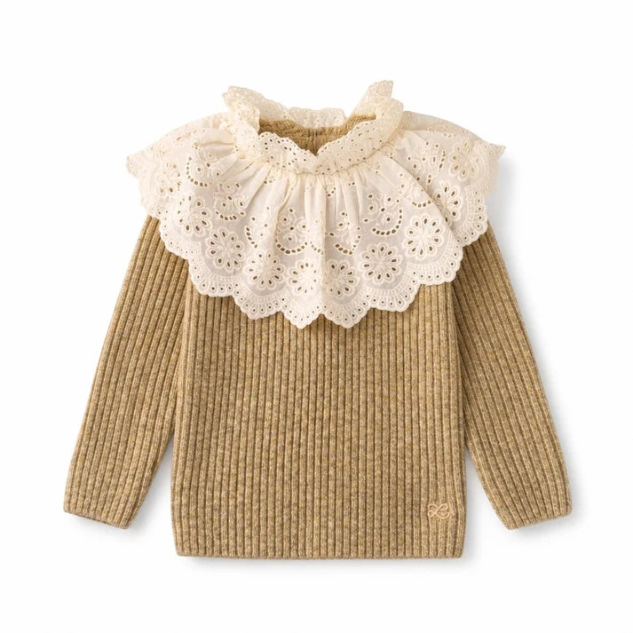 Caramel Moss Knit Blend Eyelet Sweater