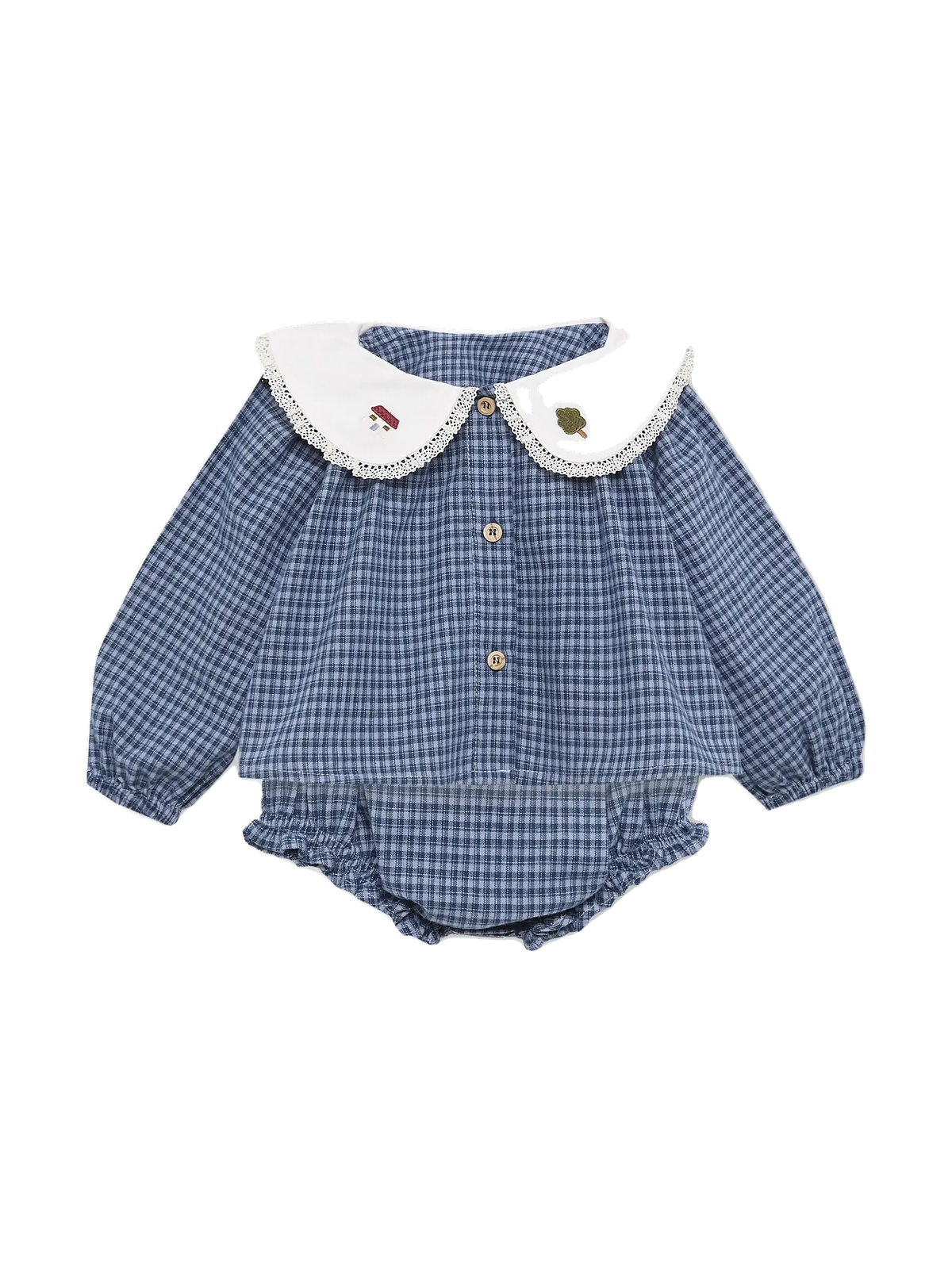 Birinit Baby Indigo Gingham Blouse and Bloomer Set - Vichy Indigo