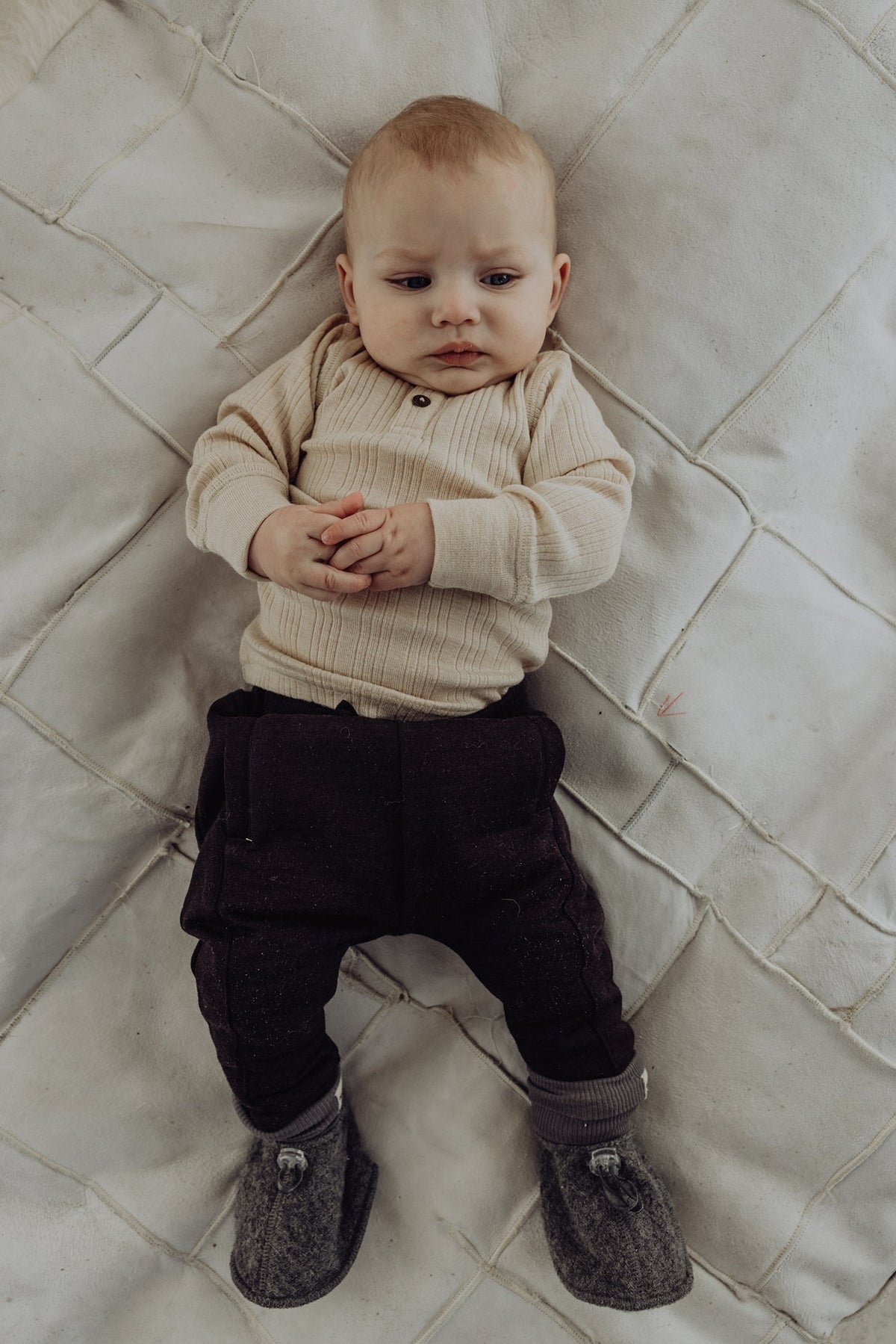 Finch and Fable kids Wool Baby Booties - Storm - on baby