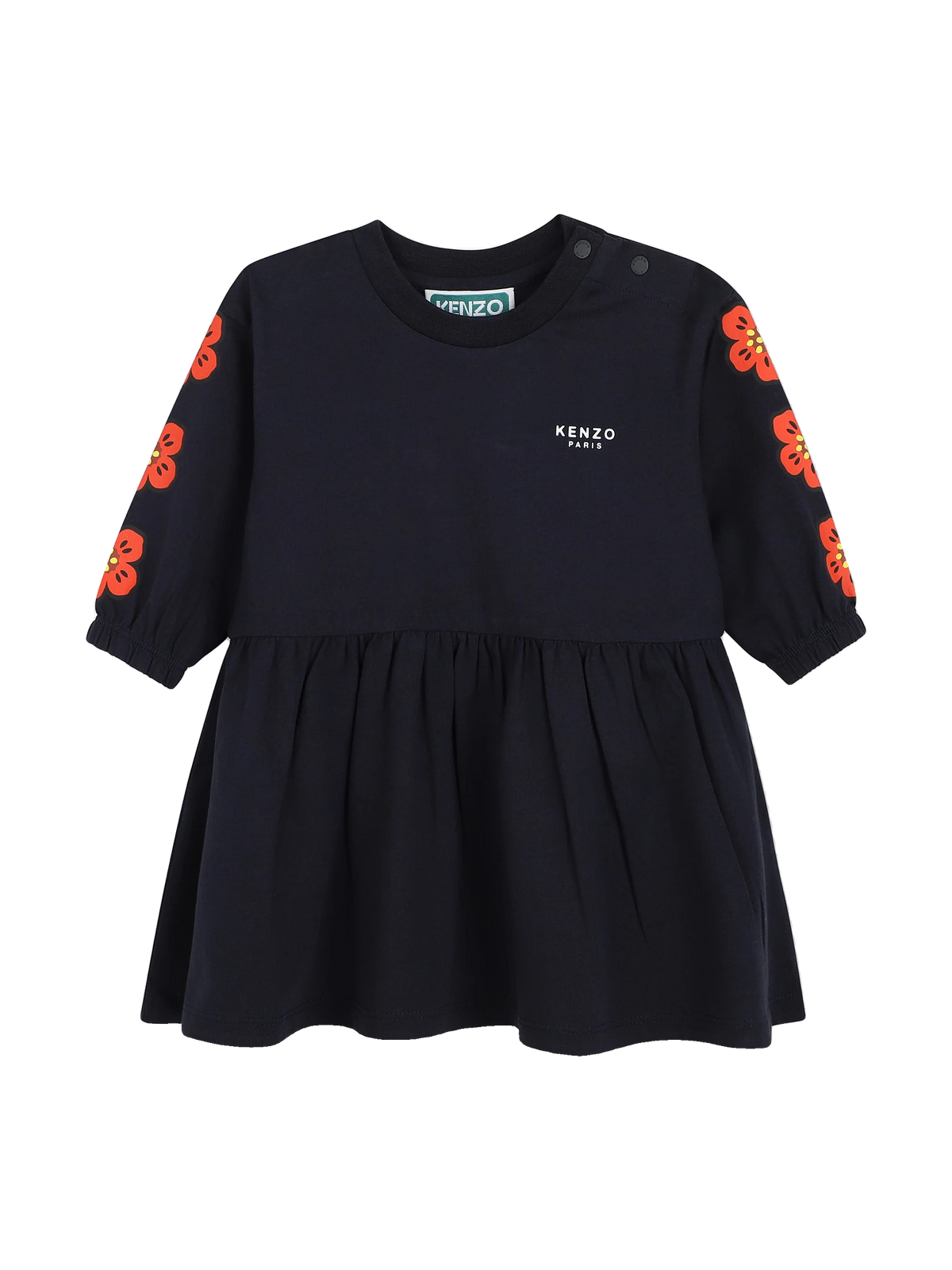 Kenzo Kids navy jersey dress with red Boke Flower print sleeves and gathered skirt, front view
