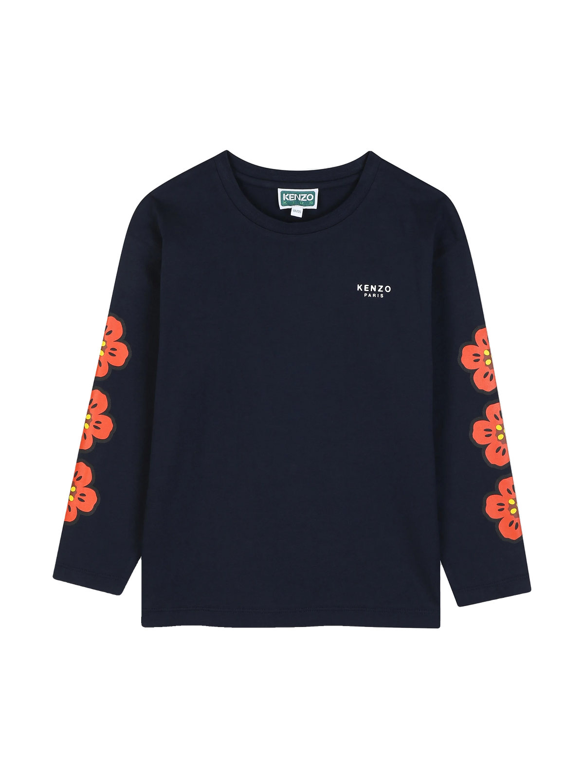 Kenzo Kids navy long sleeve jersey tee with Boke Flower print sleeves and Kenzo Paris logo, front view