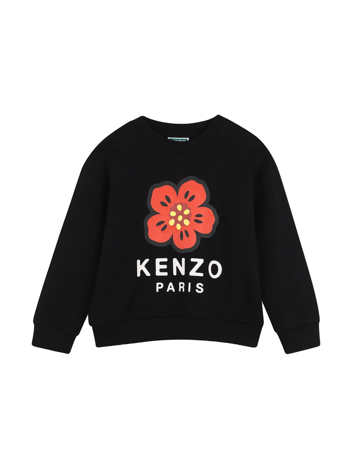 Kenzo Kids black fleece sweatshirt with red Boke Flower and Kenzo Paris logo, front view