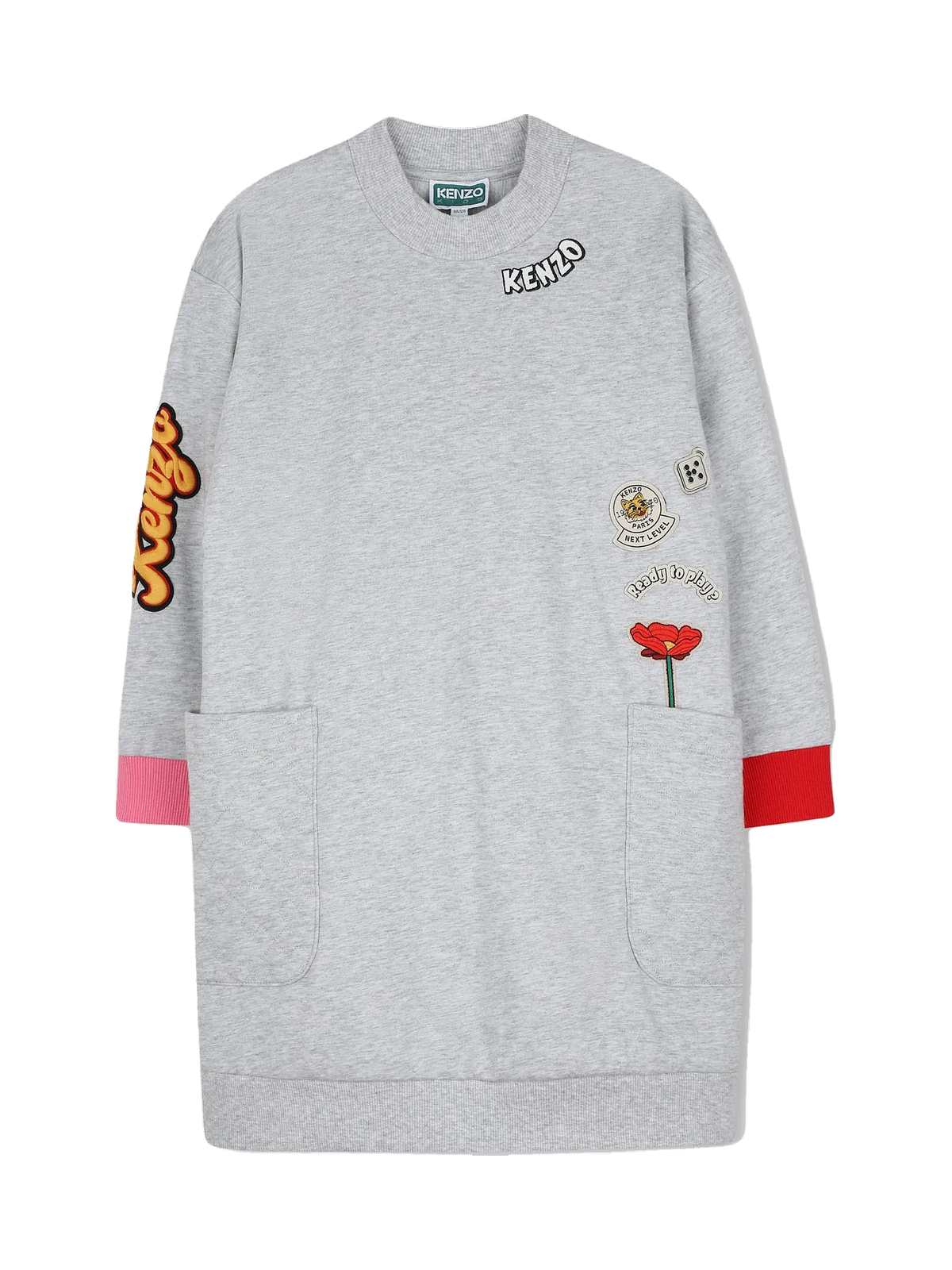 Kenzo Kids chine grey jersey sweatshirt dress with embroidered badges and contrast cuffs, front view