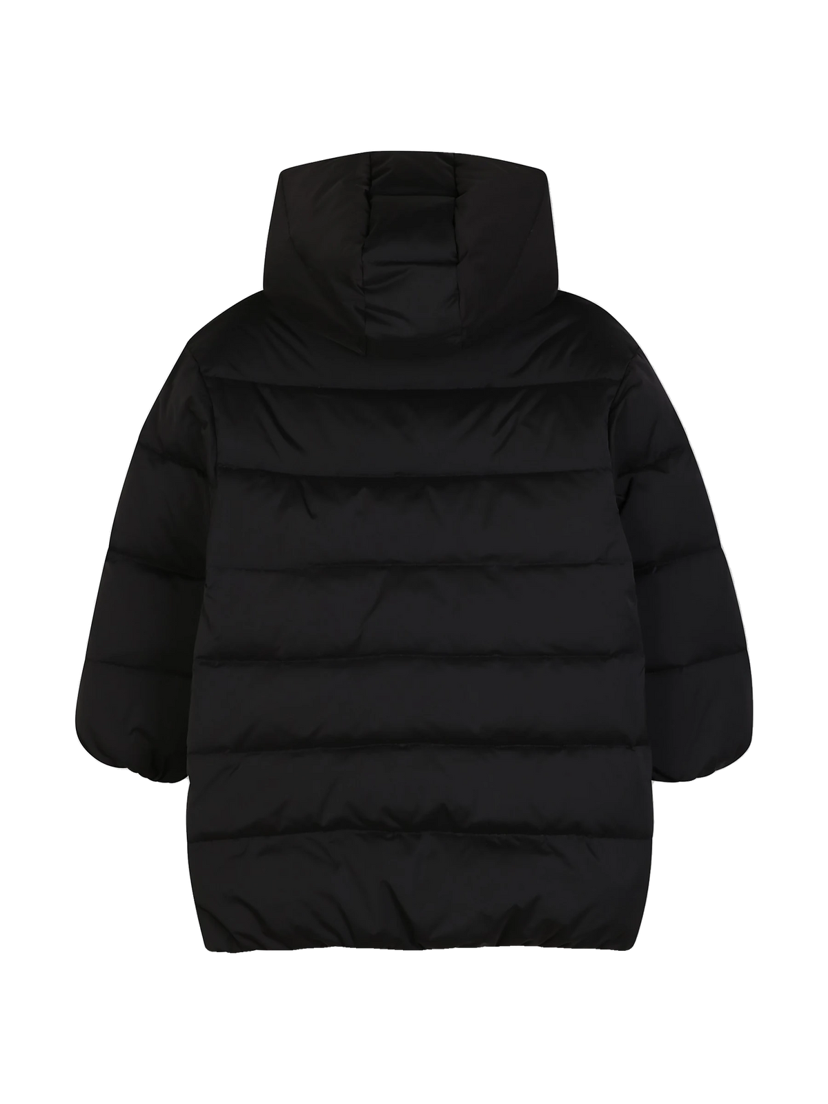 Kenzo Kids long hooded puffer jacket in black, back view