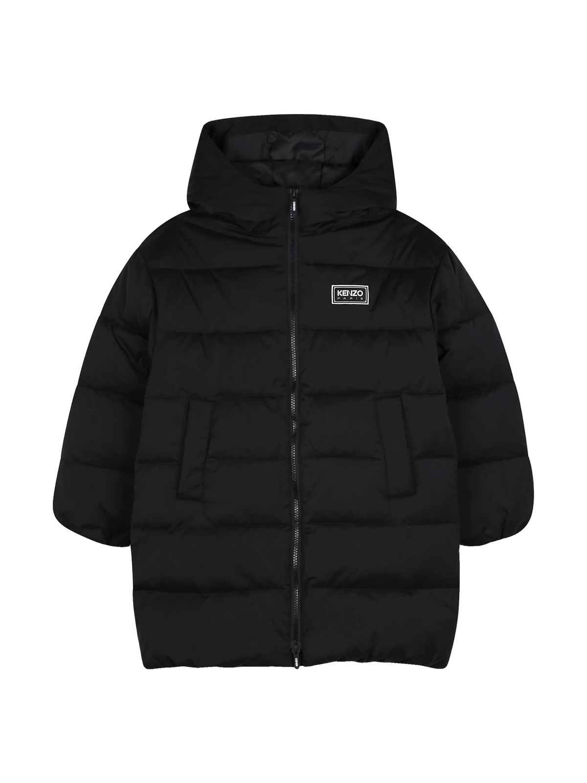 Kenzo Kids long hooded puffer jacket in black with zip front and logo patch, front view