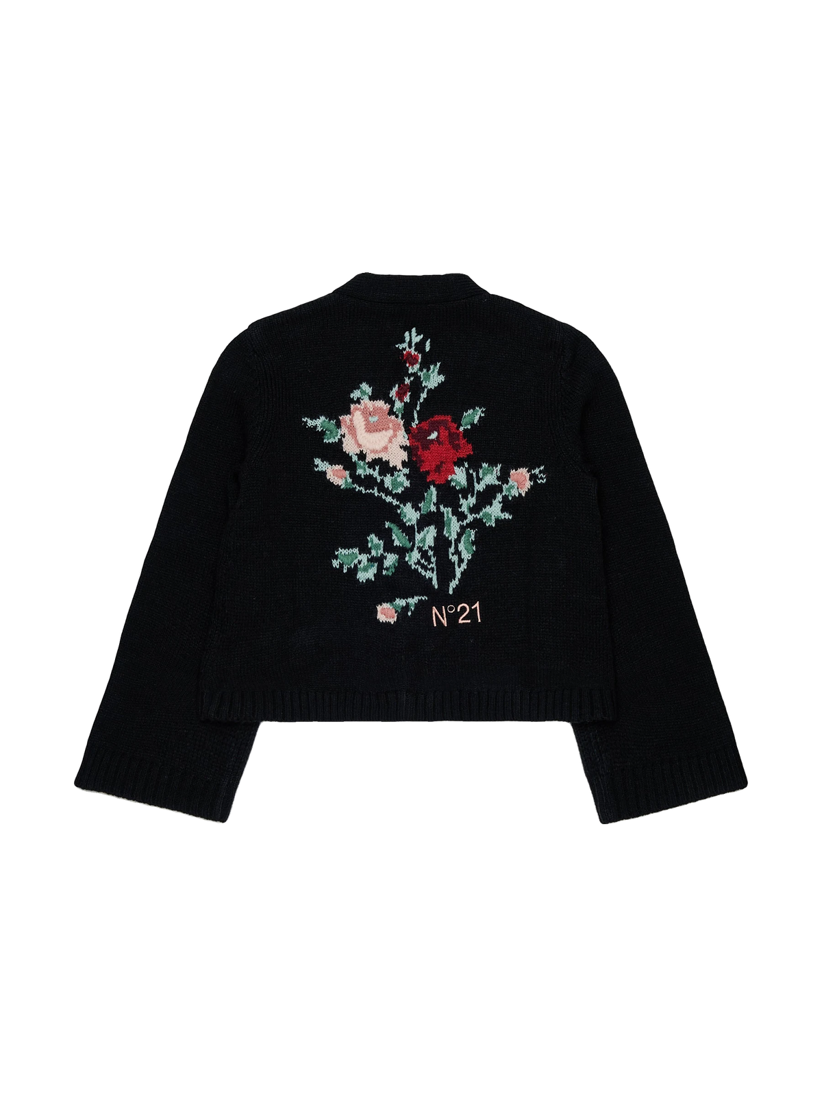 N. 21 kids Knit Cardigan With Jacquard Flowers On Back - Black, view 2