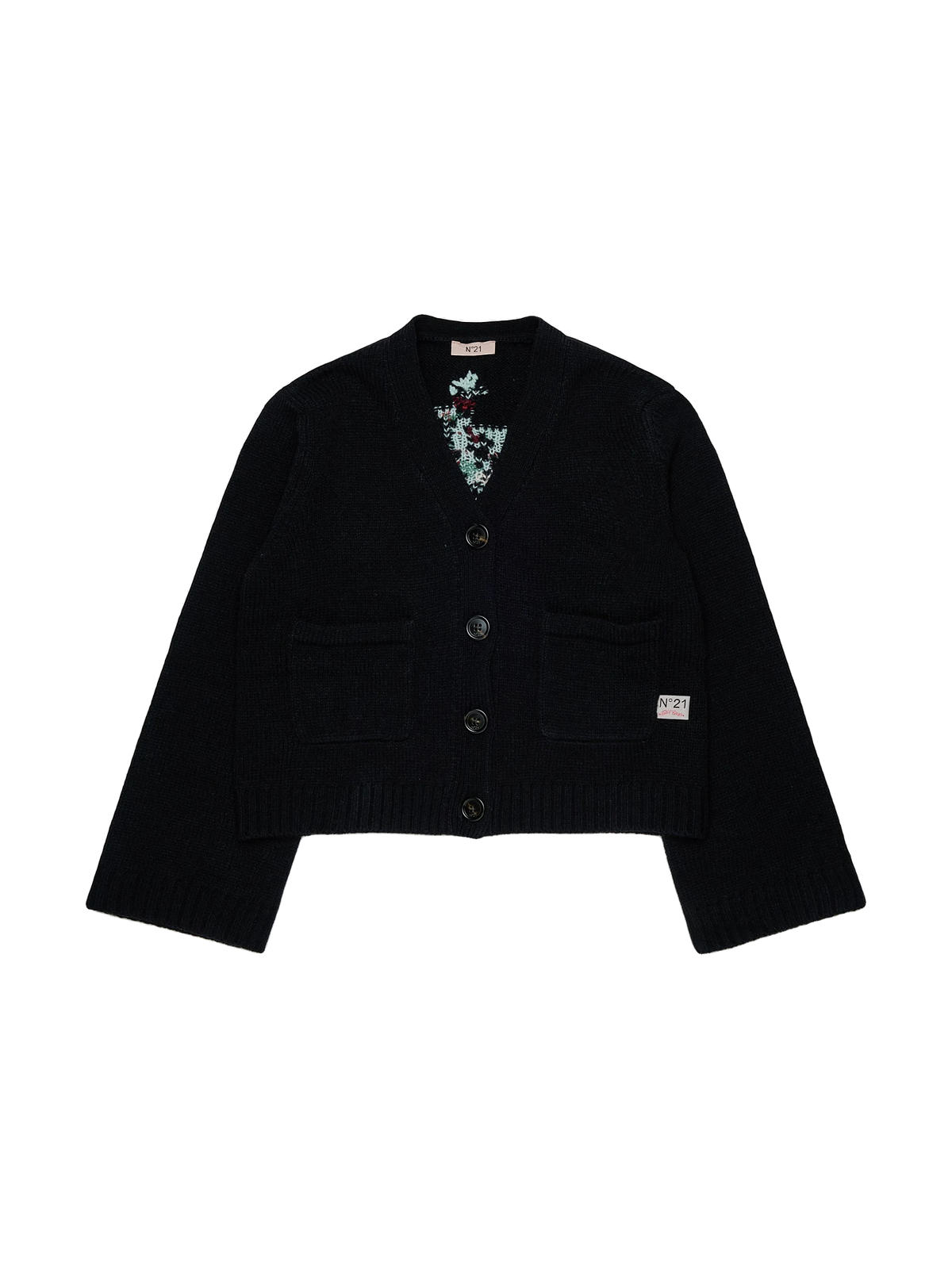 N. 21 kids Knit Cardigan With Jacquard Flowers On Back - Black