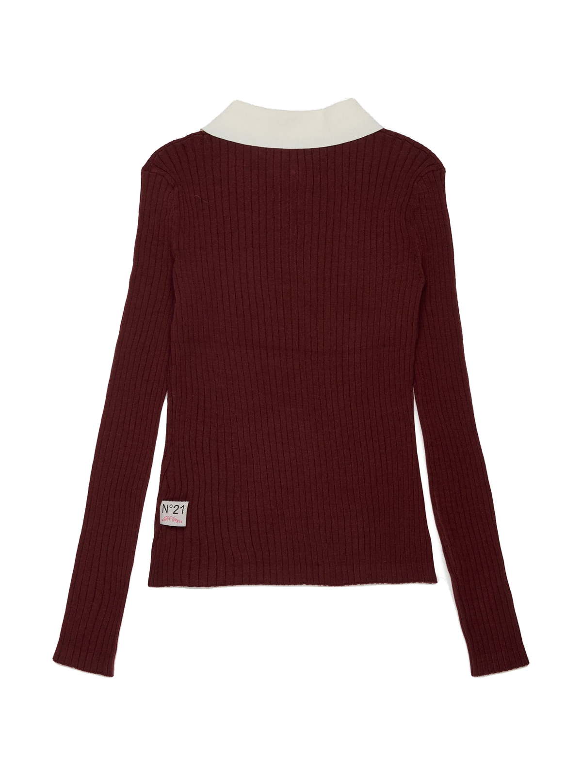N. 21 kids Long Sleeve Rib Knit Polo With Contrast Collar - Maroon, view 2