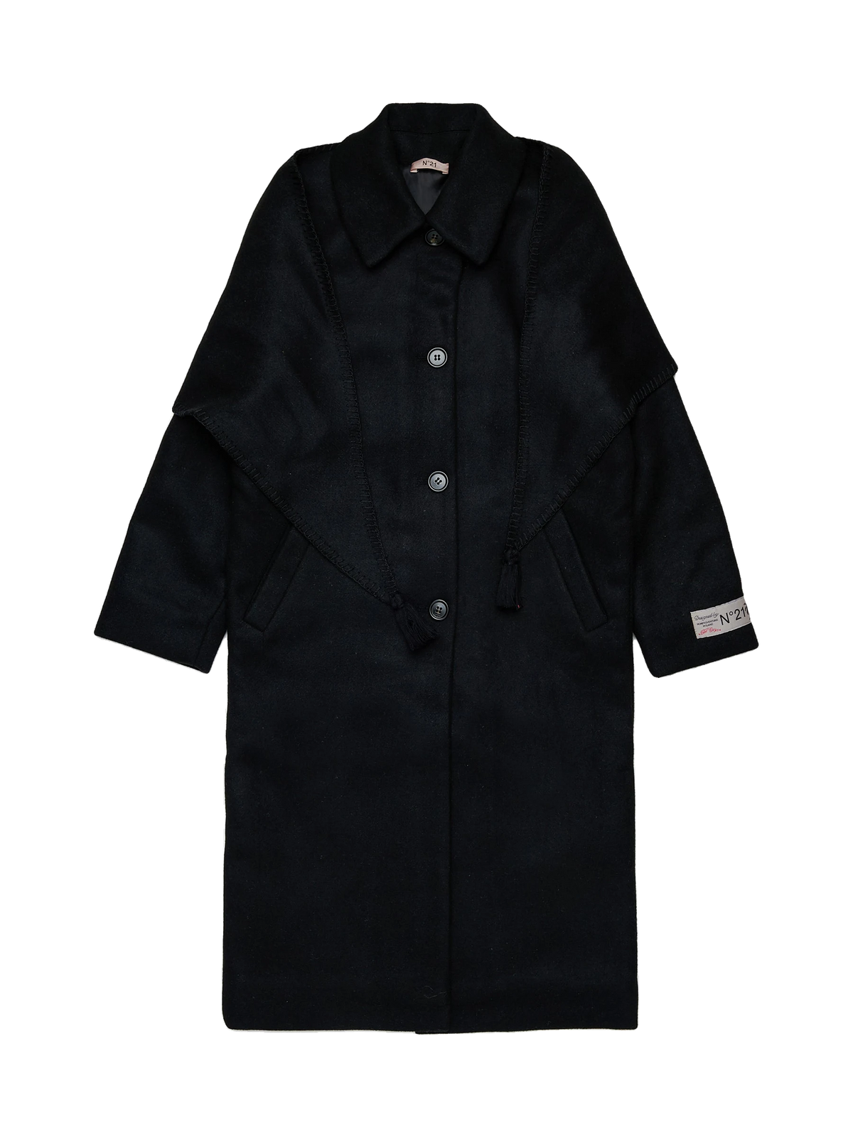 N. 21 kids Long Wool Blend Coat With Attached Matching Shawl - Black