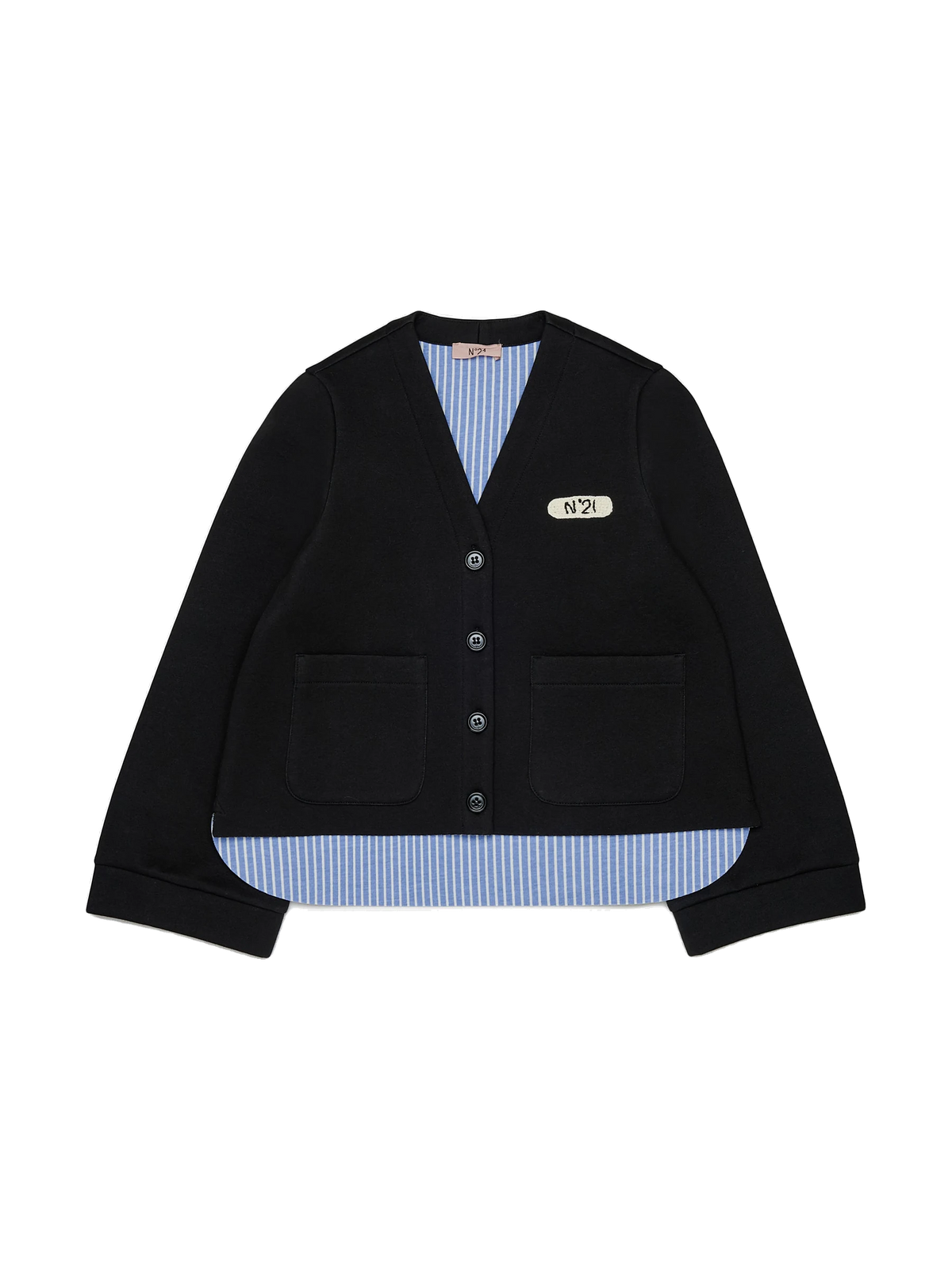 N. 21 kids Neoprene V-Neck Cardigan With Blue Stripe Lining - Black
