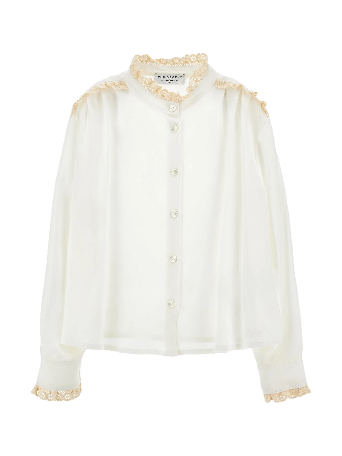 Philosophy kids Poplin Long Sleeve Blouse With Lace Trim - Panna