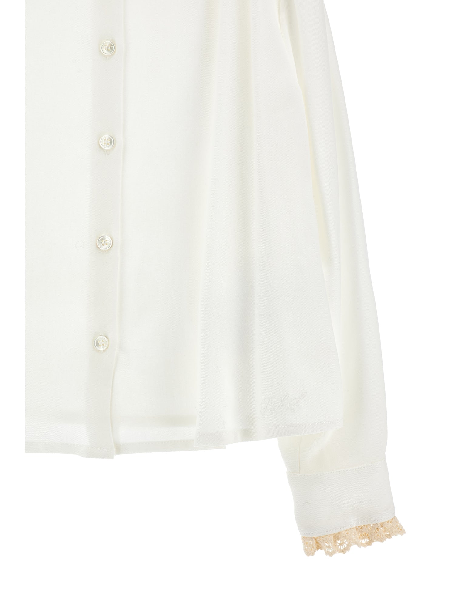 Poplin Ls Blouse With Lace Trim - Panna