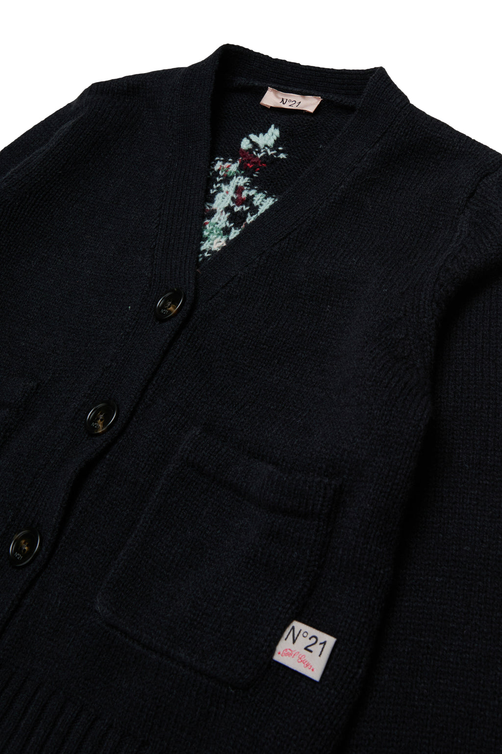 KNIT CARDIGAN WITH JACQUARD FLOWERS ON BACK - BLACK