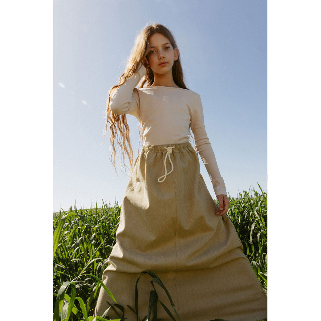 ELS2620 Washed Taupe Denim Drawstring Skirt