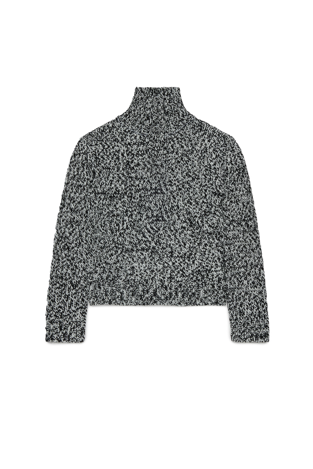 HALF BUTTONED FUNNEL NECK SPECKLED SWEATER - BLACK