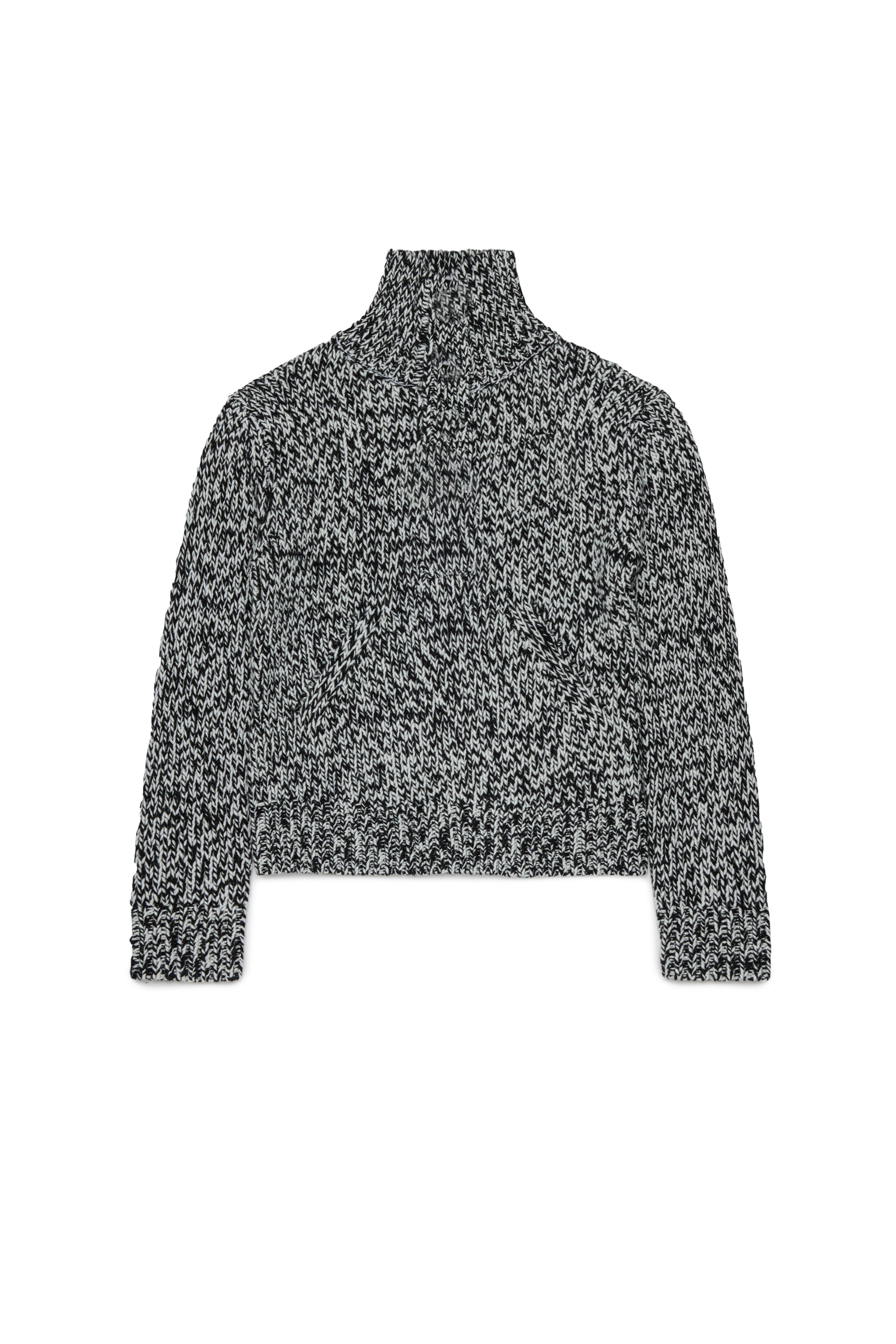 HALF BUTTONED FUNNEL NECK SPECKLED SWEATER - BLACK