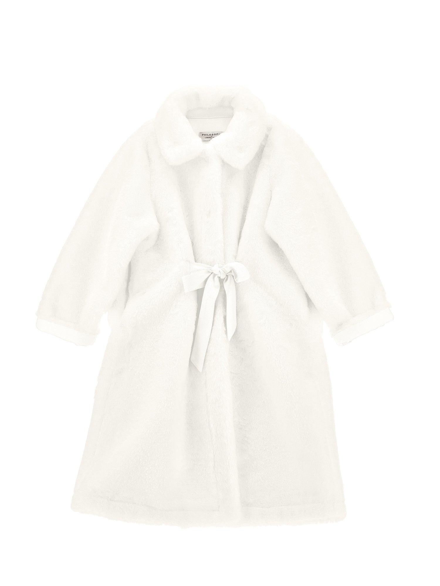 Long Teddy Coat With Tie Ribbon - Panna