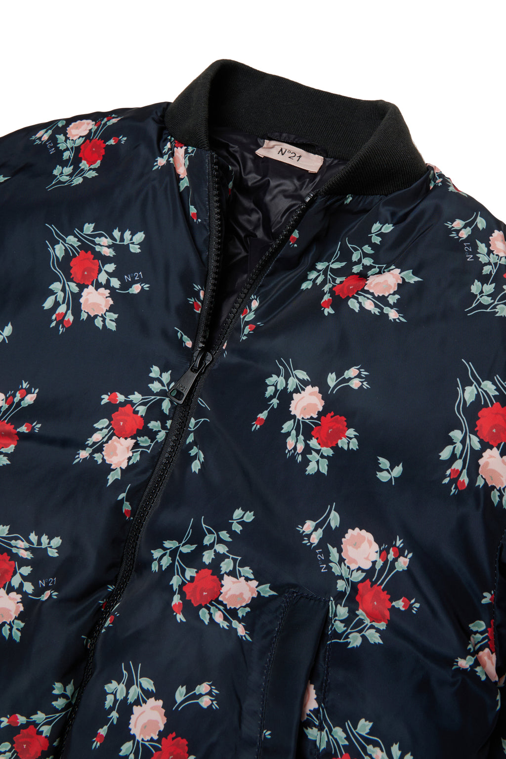 SHORT FLORAL PUFFER JACKET WITH ATTACHED SCARF - FLORAL BK